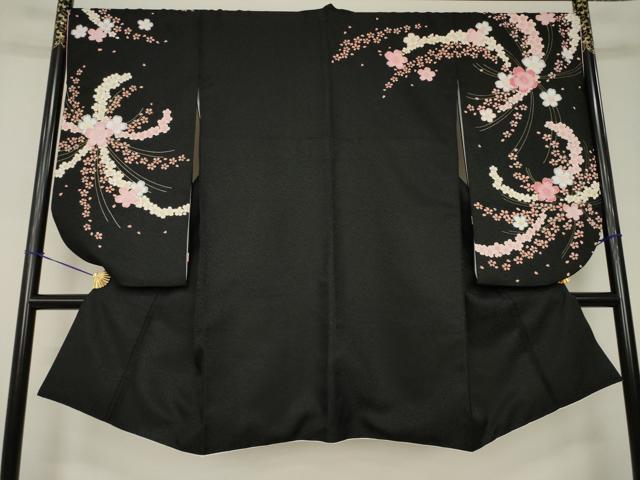 平和屋着物●小振袖 二尺袖 舞花文 黒地 金彩 洗える着物 AABJ5770ck|平和屋
