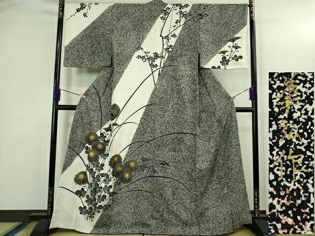 平和屋本店●極上 人間国宝 森口華弘 蒔糊友禅 蒔糊散らし 訪問着 駒刺繍 菊梅文 金彩 逸品 DZAB3562kh6|平和屋