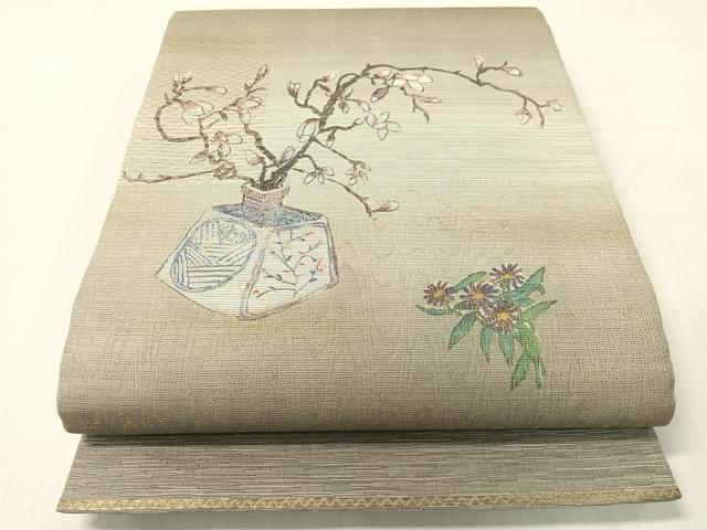 平和屋着物▽太鼓柄袋帯　スリーシーズン　春夏秋　櫛織　陶器花文　金糸　正絹　逸品　CABI4075vp｜平和屋