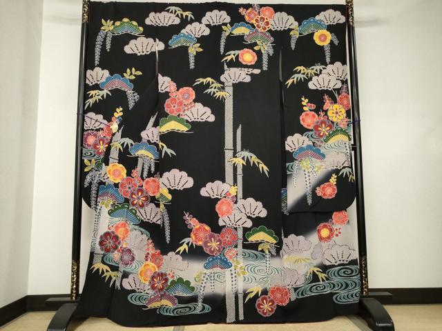 平和屋着物●豪華振袖　型染め　松竹梅流水文　黒地　正絹　逸品　AABJ6533ck｜平和屋