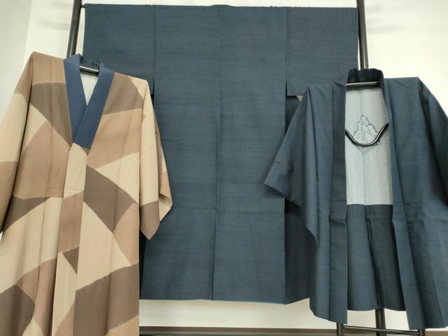 長閑やかさ屋お召しもの●成人男性 紬 合奏団 長羽織 長襦袢(袷)仕掛ける 留紺色 正絹 珠玉 DABA4892az