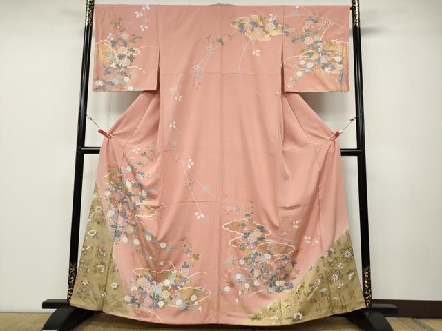 長閑やかさ屋お召しもの●短い訪問着 雲重ね水筋顕花植物文 暈し染め 金彩 正絹 珠玉 CABD0049ut
