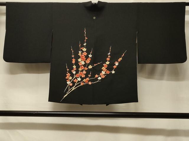 平和屋着物＃羽織　駒刺繍　総刺繍　槍梅文　黒地　正絹　逸品　CABF8838in｜平和屋