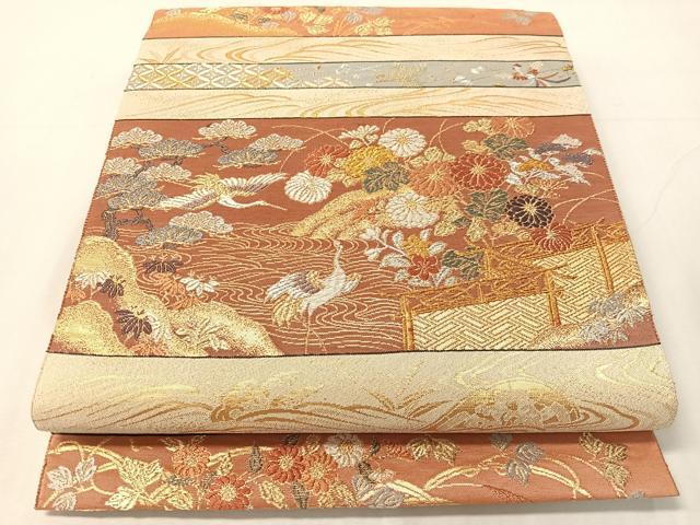 平和屋着物●六通柄袋帯　唐織　綴れ　横段花鳥風景文　金銀糸　正絹　逸品　CABJ0569vp｜平和屋
