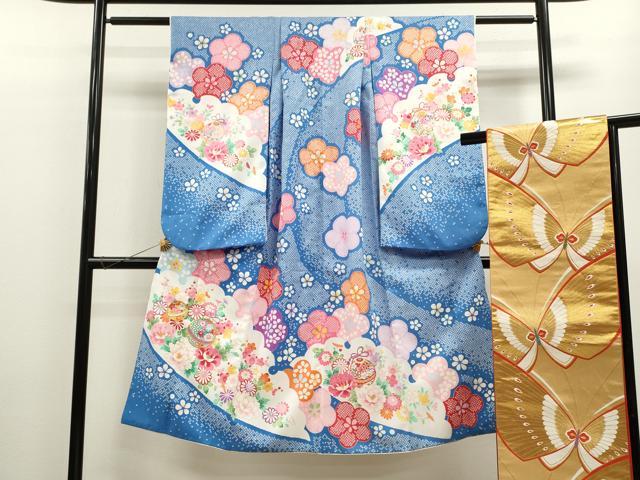 長閑やかさ屋御召しもの[]七五三 うしろ帯 ７歳 祝着 四つ身 袋帯仕掛ける 刺しゅう 鈴 舞花文 金彩 洗える御召しもの CAAZ7088ze