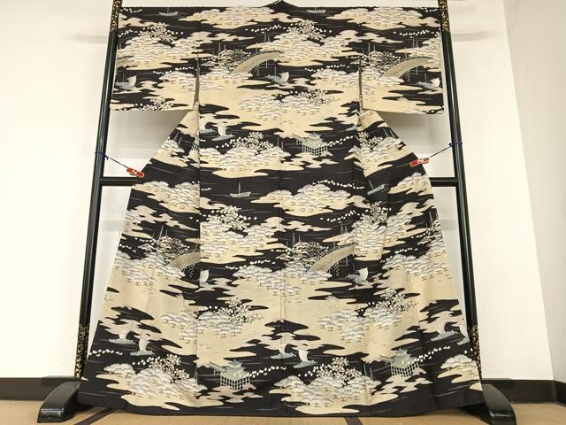 長閑やかさ屋御召しもの●染織の高家 しょうざん  生紬 松竹梅飛鳥文 黒地 正絹 珠玉 AABA8864zg