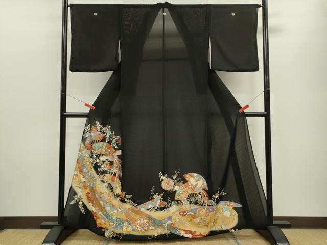 長閑やかさ屋御召しもの＊夏物 黒留袖 絽 鳳凰扇子吉祥花唐草文 暈し染め 金彩 正絹 珠玉 CABB9819ze