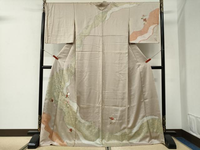 長閑やかさ屋御召しもの●短い訪問着 絞り 刺しゅう 被子植物文 金彩 ロング丈 正絹 珠玉 CABG1105yc