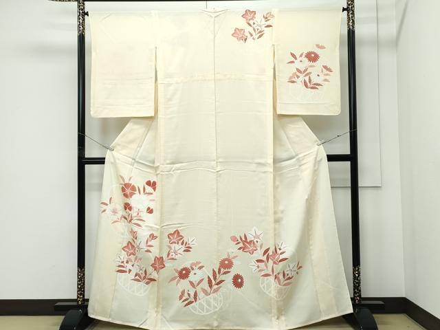 長閑やかさ屋御召しもの＊夏物 短い訪問着 絽 花籠文 銀彩 正絹 珠玉 CABF4594rv