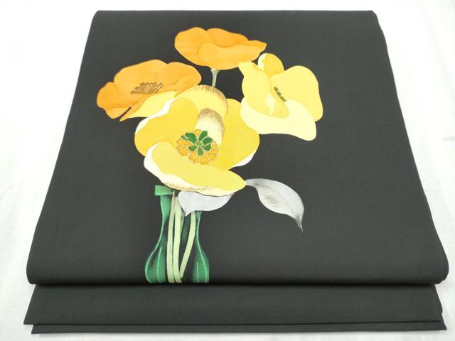 平和屋着物●塩瀬　九寸名古屋帯　駒刺繍　舞花文　黒地　金銀糸　正絹　逸品　CABD0686hy｜平和屋