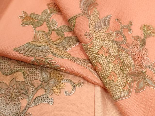 長閑やかさ屋御召しもの●中国三大刺しゅう スワトウ刺しゅう 総刺しゅう 短い訪問着 鳳凰亀甲花唐草文 暈し染め 正絹 珠玉 未当て嵌める CABG1109yc