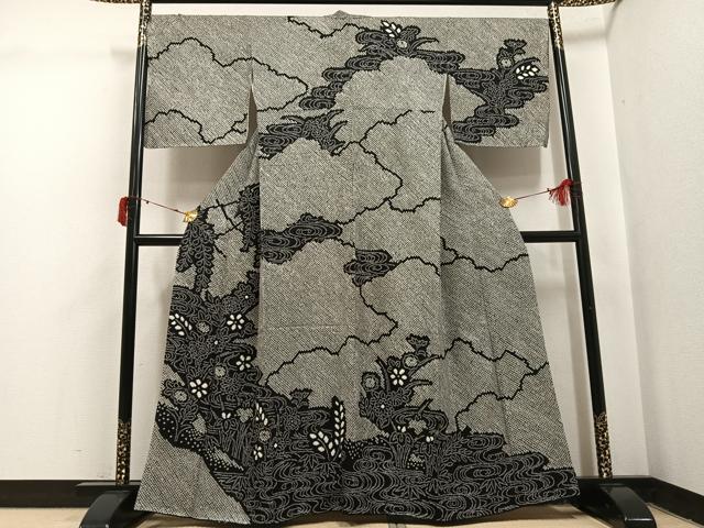 長閑やかさ屋御召しもの●短い訪問着 総絞り 水流被子植物文 黒地 正絹 珠玉 AABJ0140ph