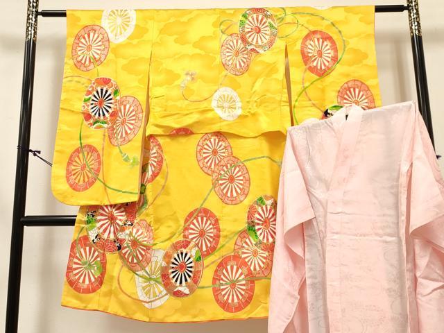 長閑やかさ屋御召しもの[]七五三 うしろ帯 ７歳 祝着 四つ身 長襦袢(単衣)仕掛ける 駒刺しゅう 源氏車花文 金彩 洗える御召しもの DABC5148ma