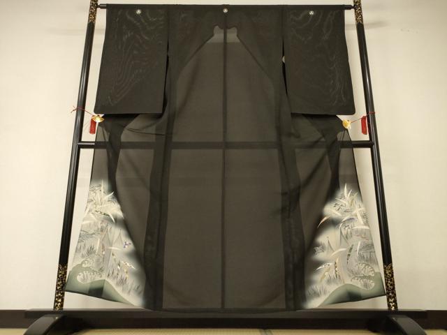 長閑やかさ屋御召しもの＊夏物 黒留袖 絽 両褄 立波顕花植物文 暈し染め 銀彩 正絹 珠玉 AABI0715jd
