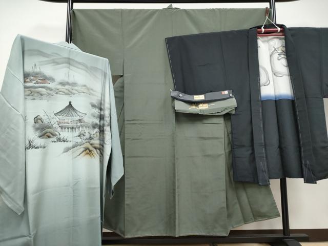 長閑やかさ屋中央局●御前上等 成人男性 紬・羽織・長襦袢書き割り 網代織 御召しもの：藍海松赤銅色 羽織：黒地 反端付き添い人 珠玉 未当て嵌める CYAA4998s6