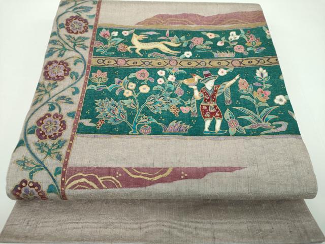 平和屋着物●中国三大刺繍 相良刺繍 太鼓柄袋帯 紬地 鳥獣更紗花文 金彩 金通し地 正絹 逸品 DABB4449ps|平和屋