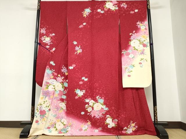 長閑やかさ屋御召しもの●晴れ晴れしい振袖 駒刺しゅう 被子植物文 暈し染め 金彩 銀通し地 正絹 珠玉 DABC2287ud