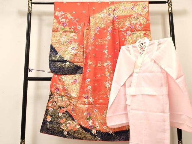 平和屋着物[]七五三　女の子　７歳　祝着　四つ身　長襦袢(単衣・半衿刺繍)セット　地紙重ね御所車花文　金彩　DABC5183ma｜平和屋