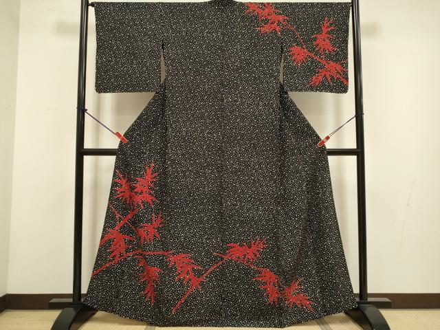 平和屋着物▽訪問着 単衣 笹竹文 黒地 洗える着物 DABH4559du|平和屋