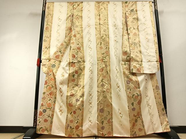 長閑やかさ屋御召しもの●晴れ晴れしい振袖 駒刺しゅう 被子植物抜け道 金彩 正絹 珠玉 AABH0568fy