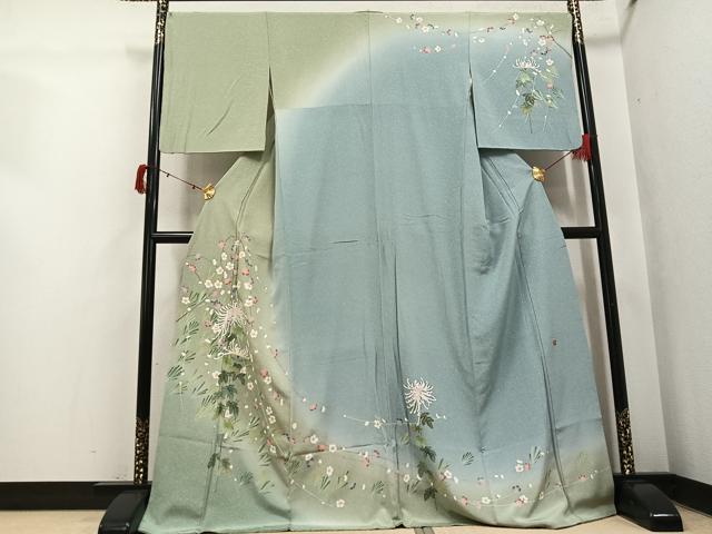 長閑やかさ屋御召しもの●短い訪問着 友禅 絵描き物 枝花文 暈し染め ロング丈 正絹 珠玉 AABI3100ph