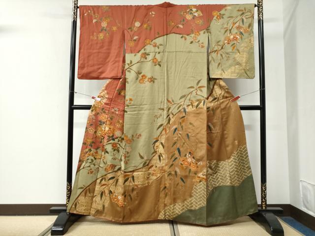 平和屋着物●訪問着　作家物　駒刺繍　流水地紙枝花文　金彩　正絹　逸品　CABG0648yc｜平和屋