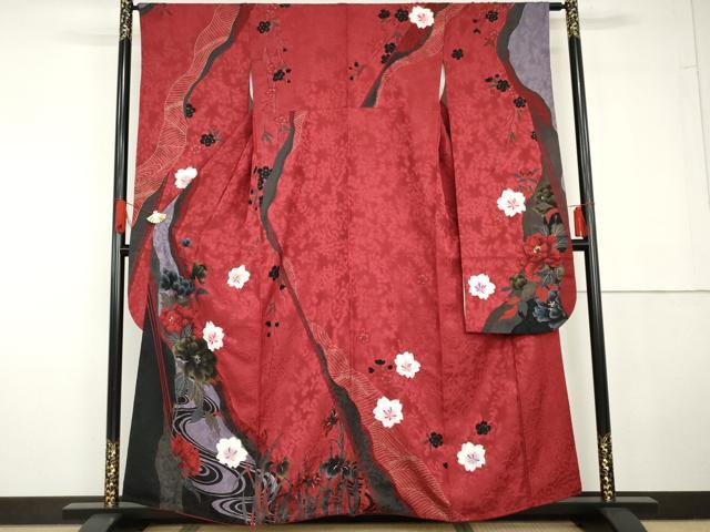平和屋着物●豪華振袖 手描き 絞り 流水草花文 薔薇 バラ 金彩 正絹 逸品 AABG5308cs|平和屋
