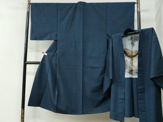 平和屋着物●男性　紬　アンサンブル　色無地　濃紺地　羽裏：虎　正絹　逸品　CABC7093yc｜平和屋
