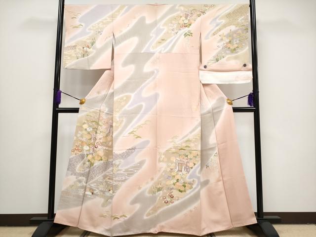長閑やかさ屋中央局●御前上等 築き上げる460年・千總 短い訪問着 駒刺しゅう 御所車鴛鴦花文 暈し染 金彩 反端付 小田急バス発着場取りまわし 虹色地 珠玉 CYAA4301s6