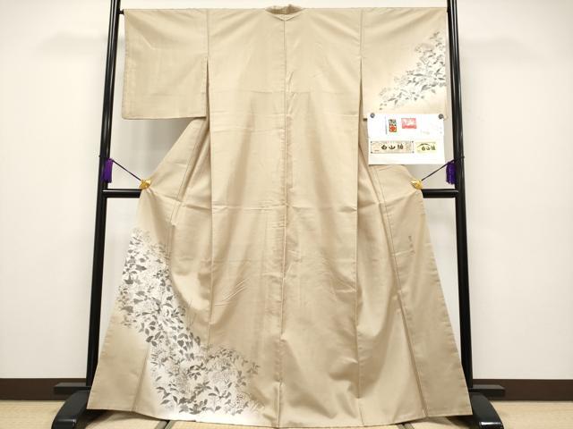 長閑やかさ屋中央局●飛び切り 本加賀友禅絵描き 江波秀明 短い訪問着 白山紬 枝花文 証紙付き添い人 やまと金下げ札 枯色地 珠玉 CYAA4227s6