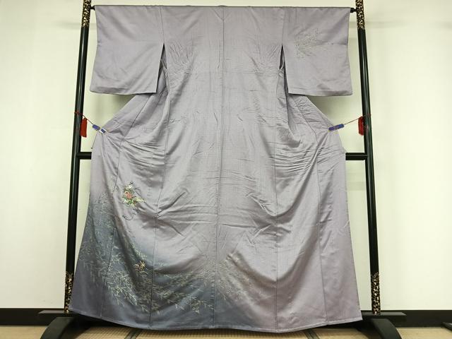 長閑やかさ屋御召しもの▽短い訪問着 単衣 刺しゅう 被子植物文 暈し染め 金糸 金彩 正絹 珠玉 AABI7057jh