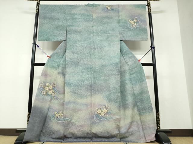 長閑やかさ屋御召しもの●短い訪問着 絞り 辻が花 暈し染め 金通し地 正絹 珠玉 DABF1548ud