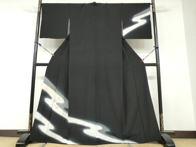 長閑やかさ屋御召しもの●短い訪問着 刺しゅう 水流文 暈し染め 黒地 金糸 正絹 珠玉 DABF1555ud