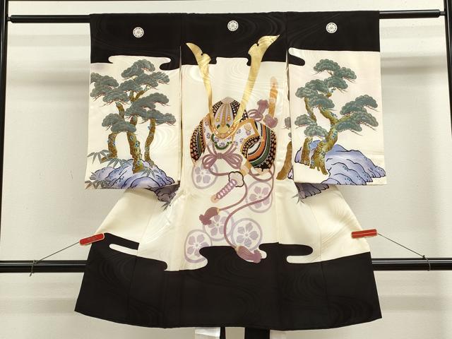 平和屋着物[]お宮参り　男の子　祝着　産着　初着　のしめ　駒刺繍　兜　笠松文　金彩　洗える着物　CABB2049ze｜平和屋