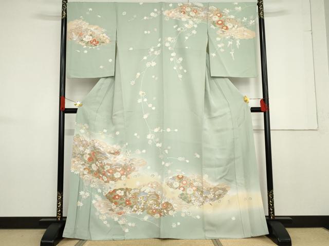 長閑やかさ屋御召しもの●短い訪問着 友禅 雲取り枝花文 暈し染め 現ナマ彩 正絹 珠玉 AABF6629cs