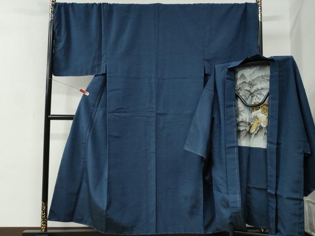 長閑やかさ屋御召しもの●成人男性 紬 合奏団 色無地 深縹色 羽裏：虎 キングサイズ 正絹 珠玉 未当て嵌める CABC7124yc