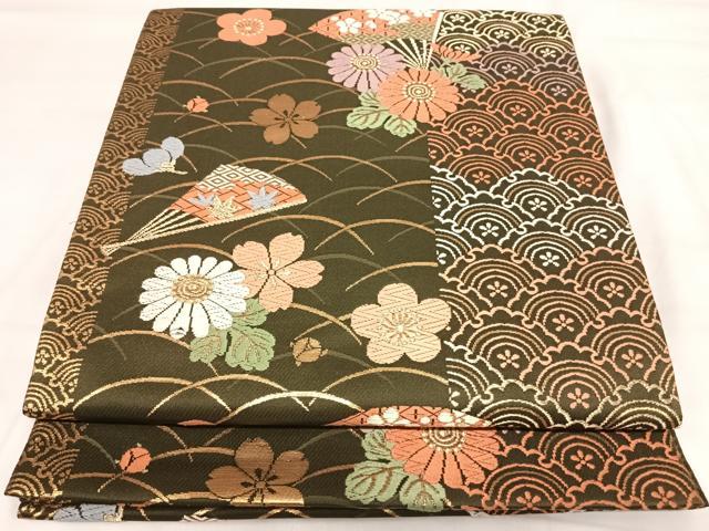 長閑やかさ屋御召しもの◎六通柄袋帯 唐織 扇子花文 金糸 正絹 珠玉 AABI5413yx