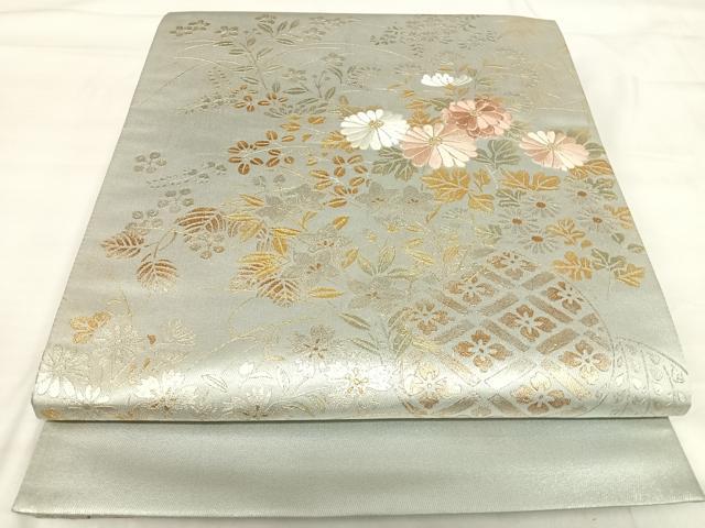 長閑やかさ屋御召しもの◎膜鳴楽器柄袋帯 刺しゅう 顕花植物文 現ナマ彩 金糸 正絹 珠玉 AABI5427yx