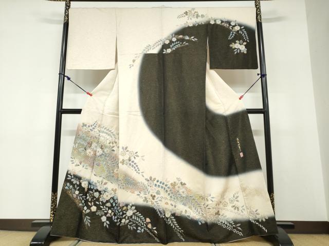 長閑やかさ屋御召しもの●短い訪問着 絵描き物 絞り 辻が花 金彩 金通し地 反端付き添い人 正絹 珠玉 DABF1577ud