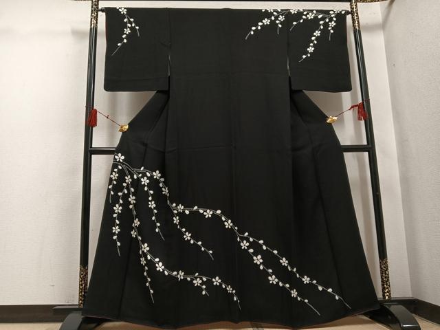 平和屋着物●訪問着　絞り　枝花文　黒地　正絹　逸品　AABH4198ph｜平和屋