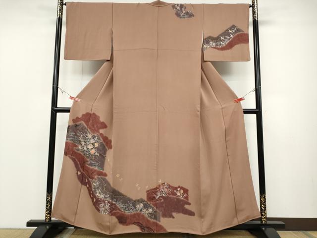長閑やかさ屋御召しもの●短い訪問着 絞り 道長花鳥文 金彩 正絹 珠玉 CABD0126ut