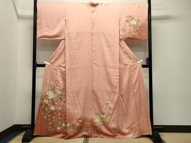 長閑やかさ屋お召しもの●短い訪問着 鴛鴦扇子花文 暈し染め 金彩 正絹 珠玉 CABC8101gh