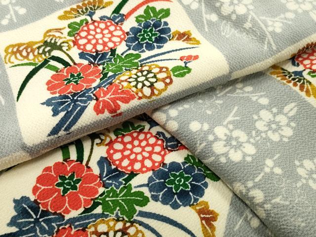 平和屋着物●上質な小紋 型染め 市松草花文 鬼しぼ縮緬 正絹 逸品 CABC8106gh