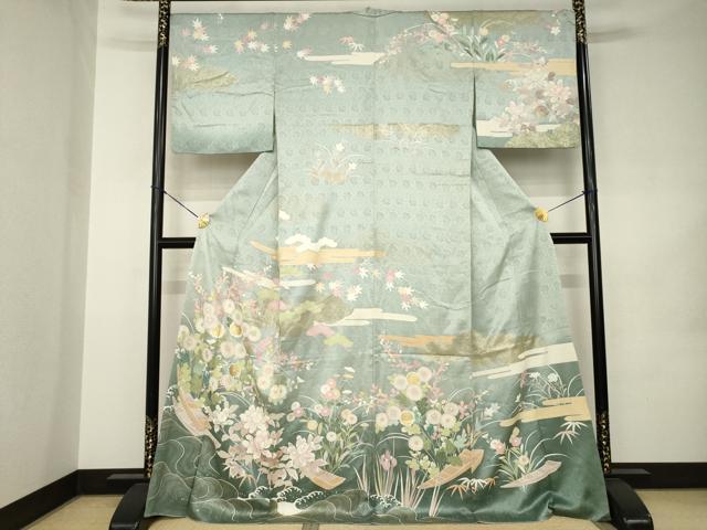 平和屋着物●訪問着　作家物　渡し舟　草花文　金彩　正絹　逸品　AABJ8229ck｜平和屋