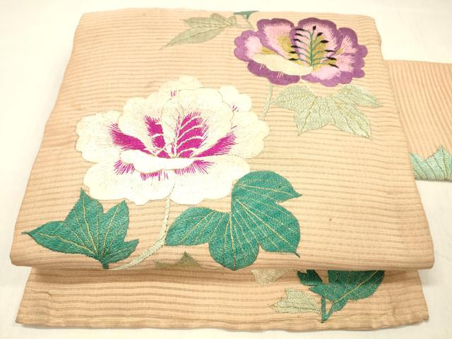 平和屋着物＊夏物 アンティーク 大正ロマン 九寸名古屋帯 絽縮緬 総手刺繍 草花文 金銀彩 正絹 逸品 DABC8409cm｜平和屋