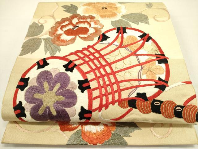 平和屋着物●アンティーク　大正ロマン　太鼓柄袋帯　総刺繍　鼓花文　金糸　正絹　逸品　DABD0882op｜平和屋