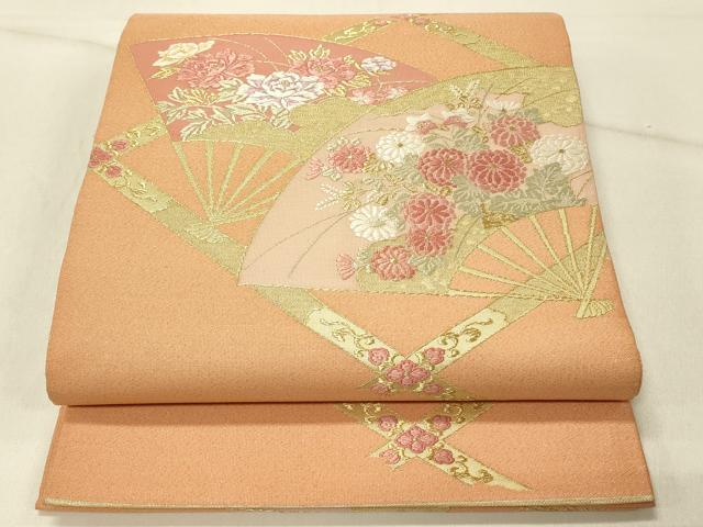 長閑やかさ屋御召しもの◎綴れ 膜鳴楽器柄袋帯 扇子秋草文 金糸 正絹 珠玉 DABE3949qp