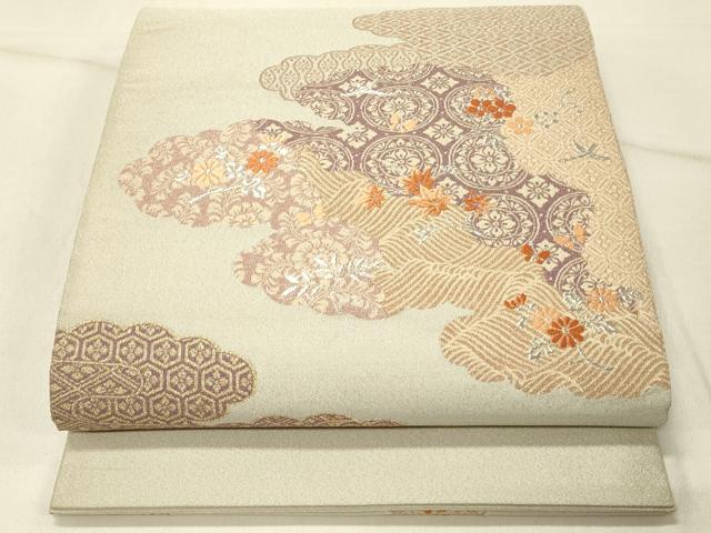 長閑やかさ屋御召しもの◎綴れ 膜鳴楽器柄袋帯 唐織 雲取り花文 銀糸 正絹 珠玉 DABE3954qp