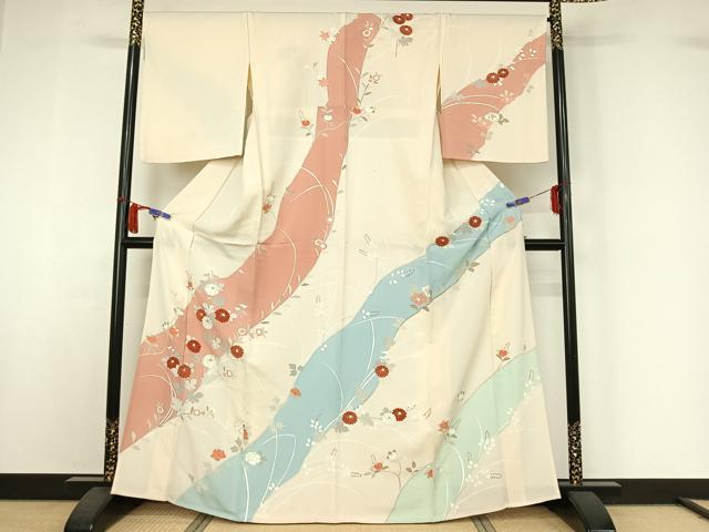 長閑やかさ屋御召しもの▽短い訪問着 単衣 顕花植物文 金彩 正絹 珠玉 AABI7070jh
