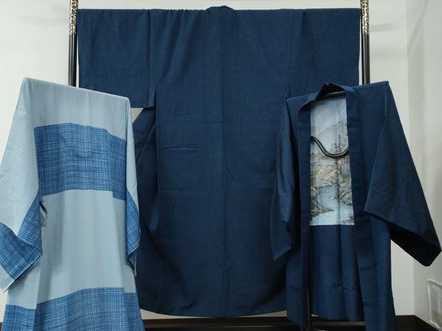 長閑やかさ屋お召しもの●成人男性 紬 合奏団・長襦袢仕掛ける 色無地 紺青色 キングサイズ 正絹 珠玉 CABC7159yc